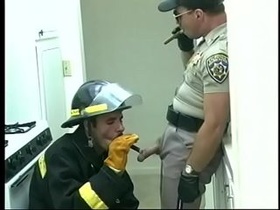 Gay fireman sucks cock of police officer then he comes back the favor