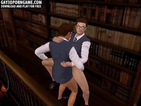 Horny 3 dimensional cartoon hunk gets fucked in the library